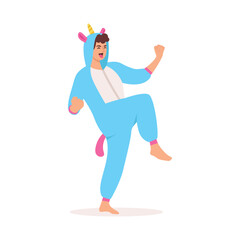 funny young man in kigurumi with unicorn. Male character standing in an animal costume. Flat vector illustration isolated on white background
