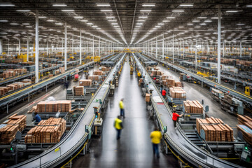 A wide-angle shot of a busy factory floor - Generative AI