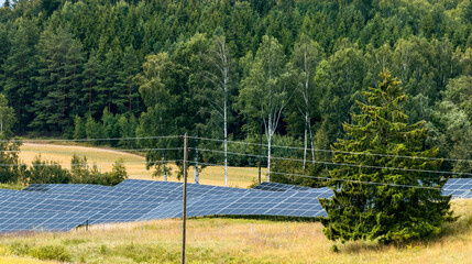 Rural scene with cluster of solar panels among ripe crops of wheat or rye