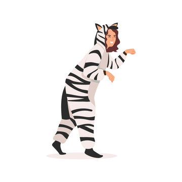Funny young girl in kigurumi with zebra. Female character standing in an animal costume. Flat vector illustration isolated on white background
