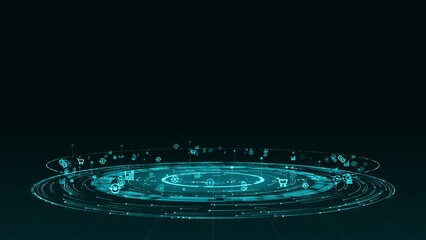 Motion graphic of Blue digital particle ring circle rotation with ai technology icon on futuristic abstract background crypto currency finance and digital money concepts	 - Powered by Adobe
