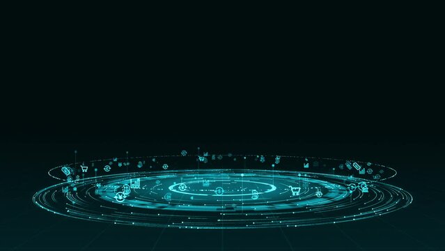 Motion graphic of Blue digital particle ring circle rotation with ai technology icon on futuristic abstract background crypto currency finance and digital money concepts	