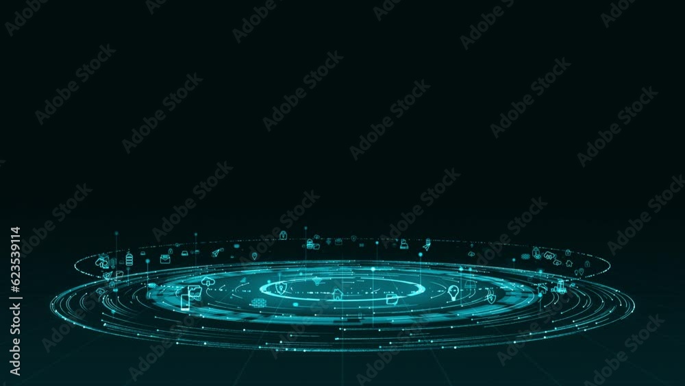 Poster motion graphic of blue digital particle ring circle rotation with ai technology icon on futuristic a