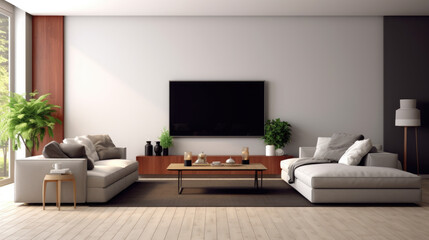A living room with couches and a television. Generative AI.