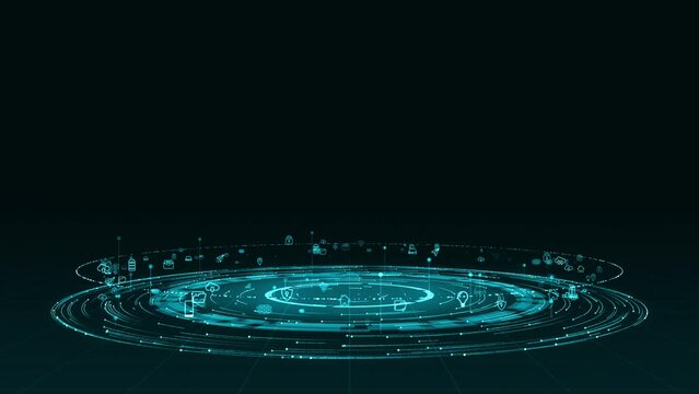 Motion graphic of Blue digital particle ring circle rotation with ai technology icon on futuristic abstract background generation of connection concepts