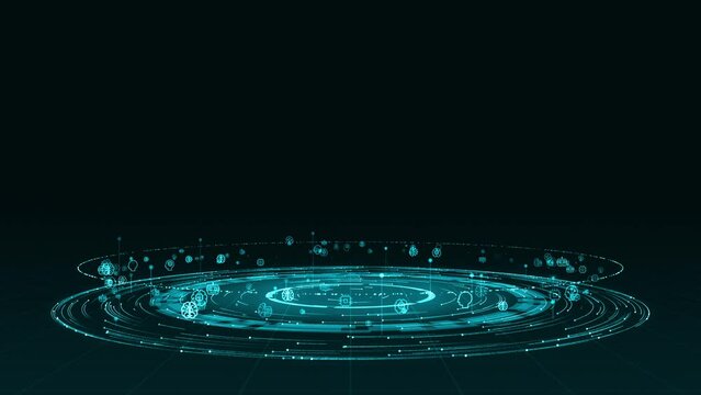 Motion graphic of Blue digital AI icon with particle ring circle rotation and ai technology icon on futuristic abstract background artificial intelligence technology and machine learning concepts