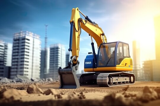 photos of heavy construction equipment, excavators on construction site