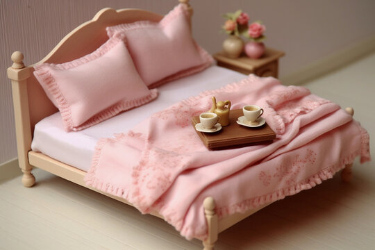 Close-up of a miniature of a bed with breakfast and flowers on the side table, doll house, digital art