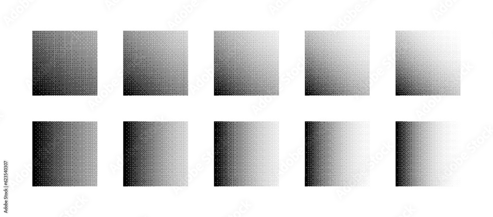 Wall mural Squares With Different Density of Bitmap Dither Gradient Vector Set Isolated On White Background. Rectangle Shapes With Different Retro 8 Bit Graphic Art Style Textures Design Elements Collection