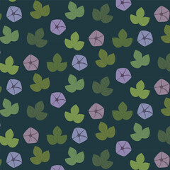 Cozy bindweed flowers and leaves repeat pattern on dark green background. Charming surface design for textiles and decoration.