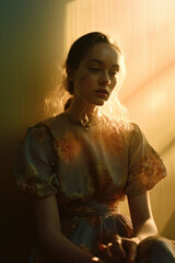 portrait of a woman/model/book character standing by a window in shadows with a thoughtful/sad expression in a fashion/beauty editorial magazine style film photography look - generative ai art