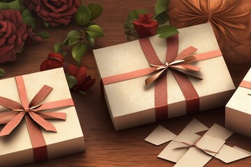 Gift or present box and flower gypsophila on table top view. Greeting card. Flat lay style with copy space.