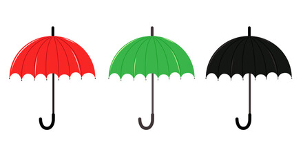 A set of umbrellas of different colors. Red green green black. 