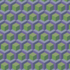 Modern geometric seamless pattern from 3D green cubes in violet grid. Elegant minimalist surface design for printing and decoration.