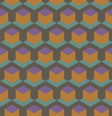 Retro geometric seamless pattern from violet, terracotta, green and orange shapes  on dark brown background. Elegant minimalist surface design for printing and decoration.