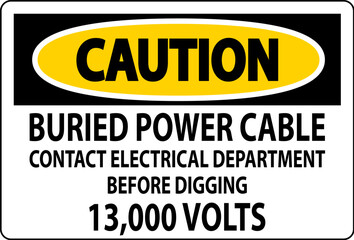 Fototapeta premium Caution Sign Buried Power Cable Contact Electrical Department Before Digging 13,000 Volts
