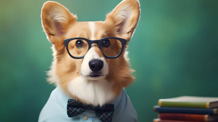 Cute corgi professor wearing glasses with pile of books. AI generated image.