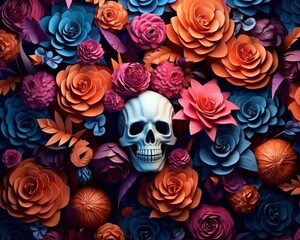 3d festival halloween banner with scull, flowers and pumpkins. AI generated