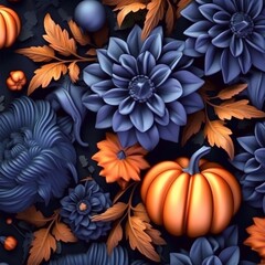 Flowers and pumpkins background, 3d seamless halloween floral design. AI generated