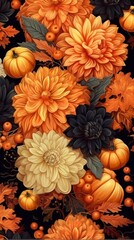 Flowers and pumpkins background, 3d seamless halloween floral design. AI generated