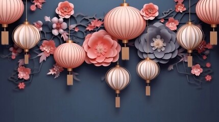 Mid autumn festival banner with elegant chinese lantern and beautiful flowers. Copy paste.  AI generated