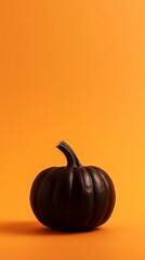 Black pumpkin on minimalistic orange solid background, copy paste. AI generated