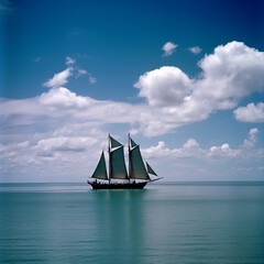 Fototapeta premium The yacht is sailing on the sea. Festive landscape with a sailboat. Romantic trip on a luxury yacht at sea.