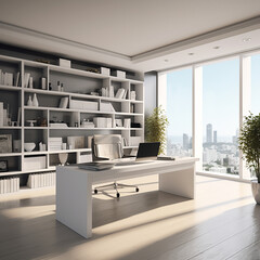 cabinet, stylish luxurious office interior in an ultramodern brutal apartment in bright colors, with large windows