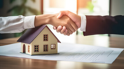 Estate agent shaking hands with buyer after signing the contract. Mortgage, home loan and insurance concept.