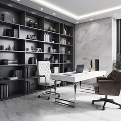 cabinet, stylish luxury home office interior in ultramodern brutal apartment in dark colors