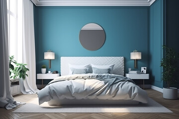 Modern bedroom interior with a stylish combination of trendy blue and light wood texture