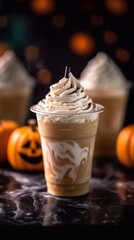  Halloweens milk cocktail with whipped cream cups on party background, ai generated