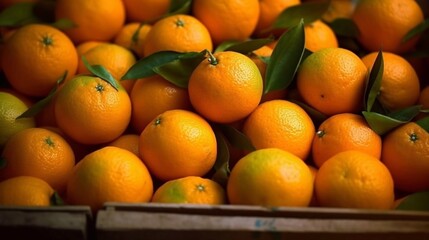 Close up of fresh oranges in_wooden_boxes. Farm market banner. AI generated