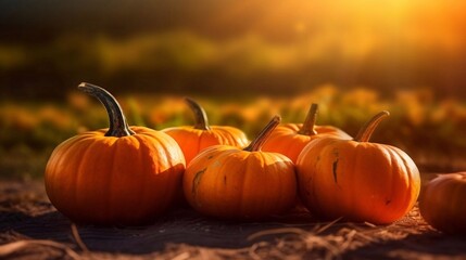 Fresh ripe pumpkins on sunny farm field background. Toned image. AI generated