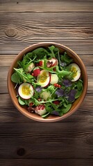 Fresh vegetables salad on wooden background. Top view, AI generated