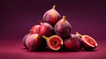 Fresh ripe figs on fiolet background. AI generated. Copy space
