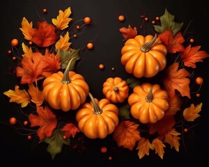  Pumpkins and autumn leaves decor on black  background. Copy paste space for text. Top view.  Thanksgiving or Halloween day banner Festive background. AI generated