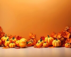 Naklejka na ściany i meble Pumpkins, autumn leaves and flowers decor on orange background. Copy paste space for text. Thanksgiving or Halloween day banner Festive background. AI generated