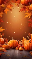 Pumpkins, autumn leaves and flowers decor on orange background. Copy paste space for text. Thanksgiving or Halloween day banner Festive background. AI generated