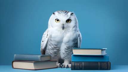 Cute white owl with pile of books. Back to school concept. AI generated image.