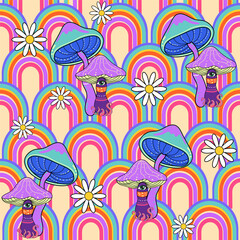 Abstract retro rainbow geometric and mushroom seamless pattern background. Vintage 70s-90s vector illustration. Perfect for home decor, t-shirt print