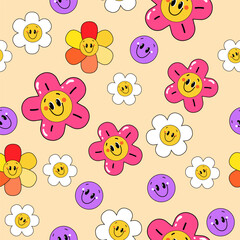 Fototapeta premium Abstract retro seamless pattern background with flowers 70s-90s Psychedelic Aesthetic. Vector illustration