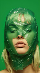Portrait of beautiful woman with green plastic bag on her face. Creative concept of environmental pollution. Generative AI.