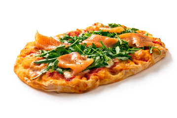 Deliziosa pinsa romana condita con salmone affumicato e rucola, cibo italiano 