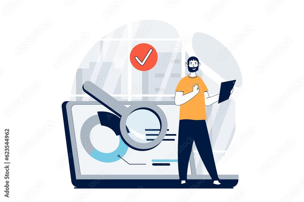 Poster Data science concept with people scene in flat design for web. Man working with charts and searching statistics information online. Illustration for social media banner, marketing material.