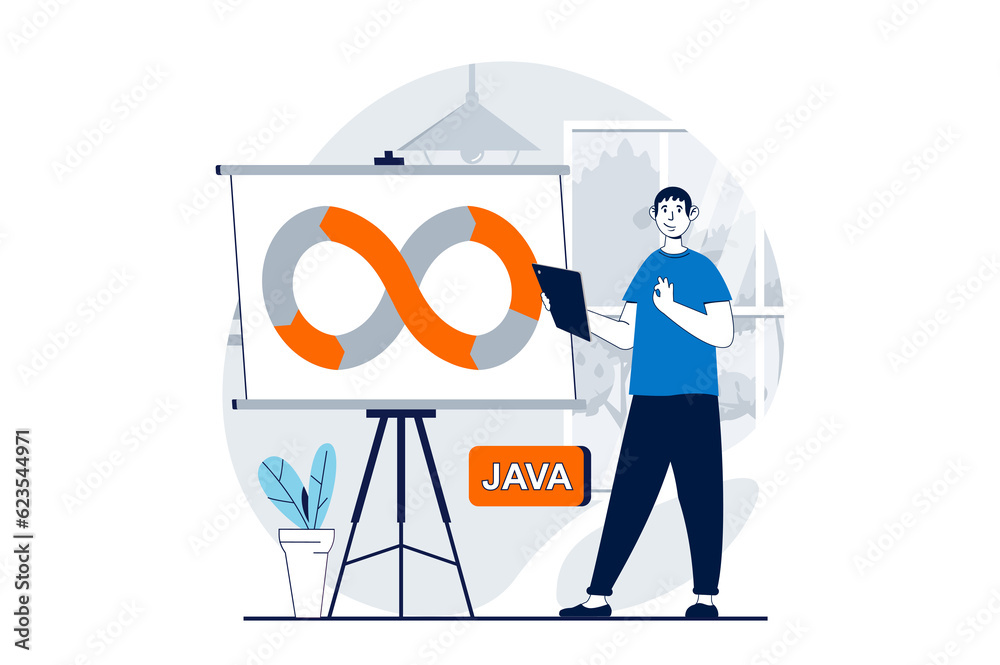 Aufkleber DevOps concept with people scene in flat design for web. Man working on operations processes and making presentation with optimization. Illustration for social media banner, marketing material.