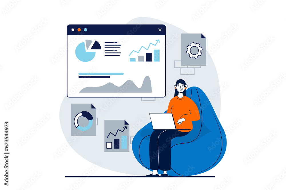 Poster DevOps concept with people scene in flat design for web. Woman working with data graphs of project workflow, optimization processes. Illustration for social media banner, marketing material.