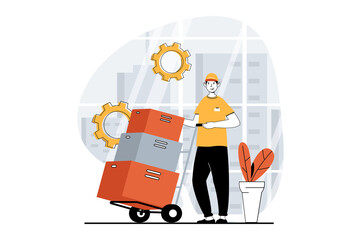 Delivery service concept with people scene in flat design for web. Man carrying parcel boxes on forklift and works in warehouse. Illustration for social media banner, marketing material.