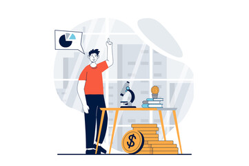 Data science concept with people scene in flat design for web. Man scientist working with microscope, creating financial diagrams. Illustration for social media banner, marketing material.