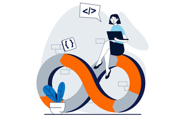 DevOps concept with people scene in flat design for web. Woman working on operations processes and using agile project management. Illustration for social media banner, marketing material.